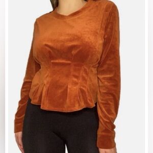 BCBGeneration Women’s Burnt Orange Velour Long Sleeve Peplum Top Sz S